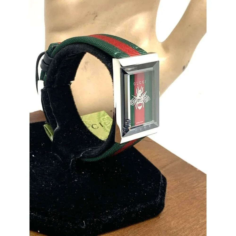 Gucci Women's Watch YA147408 G-Frame Green Red Dial Swiss Quartz Tank Nylon Band